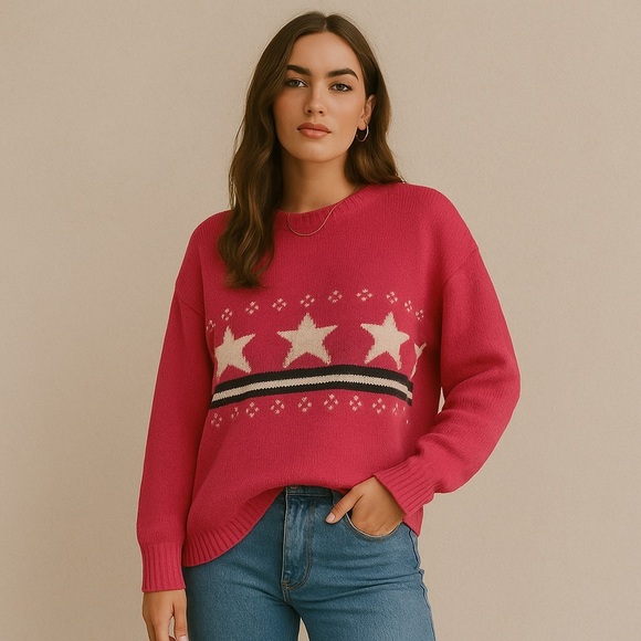 Vintage 100% Wool Pink Star Crewneck Sweater L Made in 🇨🇦 - Picture 1 of 14